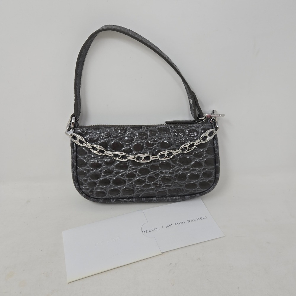 BY FAR‎ Mini Rachel Grey Croc Embossed Leather Bag Silver Chain Baguette NWOT
